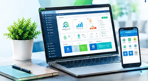 Aminsoft BD school management software shown on a laptop and a phone